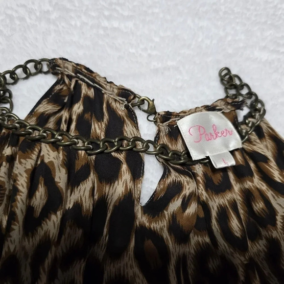 Parker 100% Silk Chain Collar Halter Mini Dress, Black & Tan Leopard Print, EUC! - Picture 9 of 10